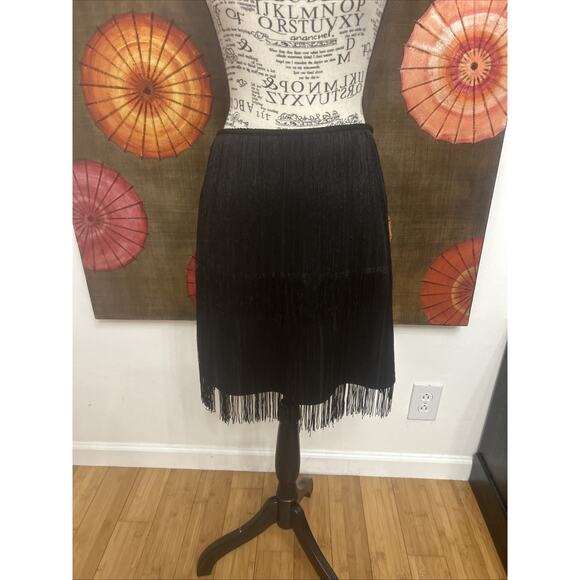Sincerely Jules Black MIDI Fringe Skirt Free Spirted Glam Effortless Cool Sz M - Picture 1 of 8